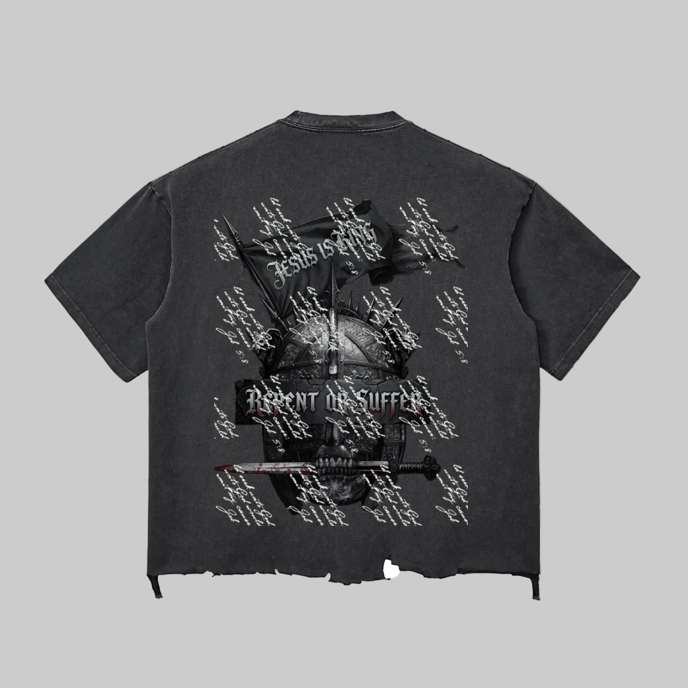 Snow Wash Raw-Hem Boxy Jesus is king T-shirt