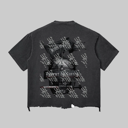 Snow Wash Raw-Hem Boxy Jesus is king T-shirt